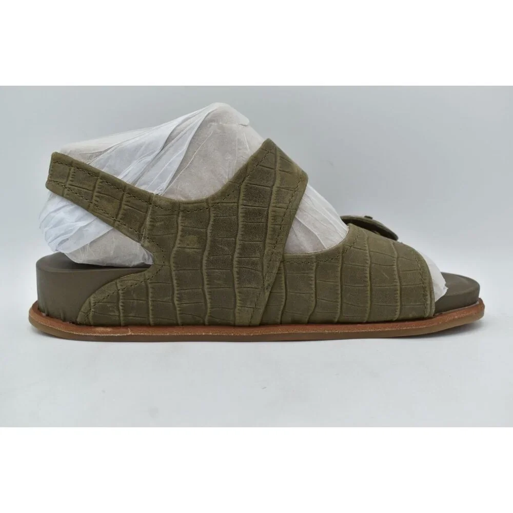 Sofft Women Size 7.5 Adalia Pale Olive Buckle Suede Croc Embossed Leather Sandal